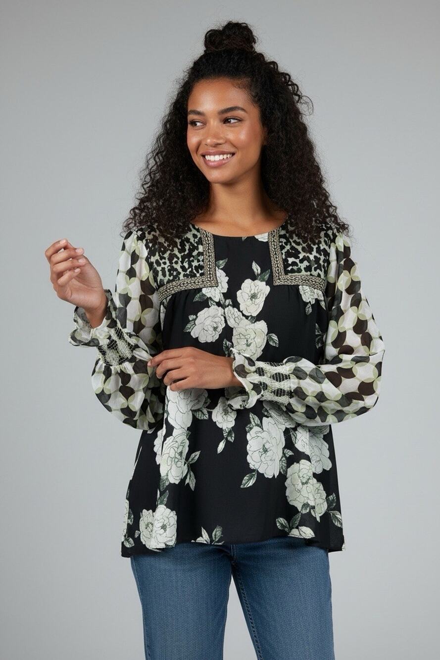 Cato Women's Mixed Print Peasant Top Size XL Blouse Embroidered Long Sleeves
